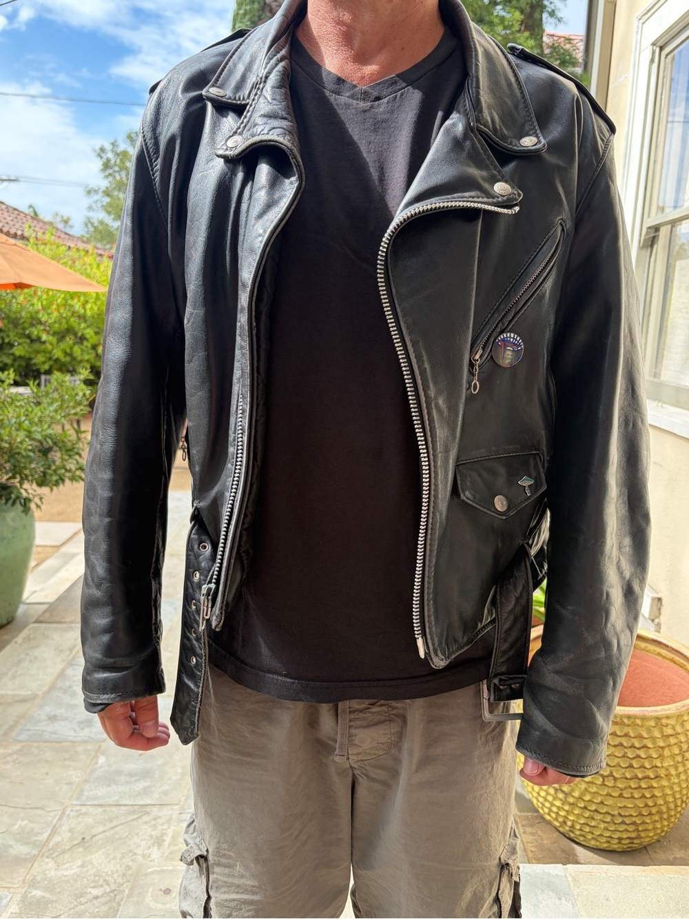 Schott NYC Black Leather Biker Jacket with Silver Hardware